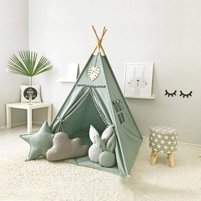 RONGFA Kids Teepee Tent with White Pom Pom - Indoor Play Teepee for Children Boys Portable Play House (Green) - Image 1